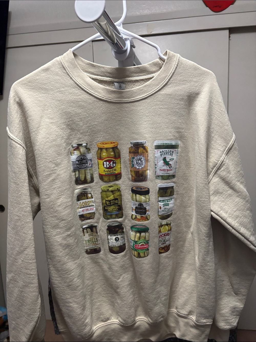 Gildan Cream Crewneck Sweatshirt with Pickle Jar Graphic